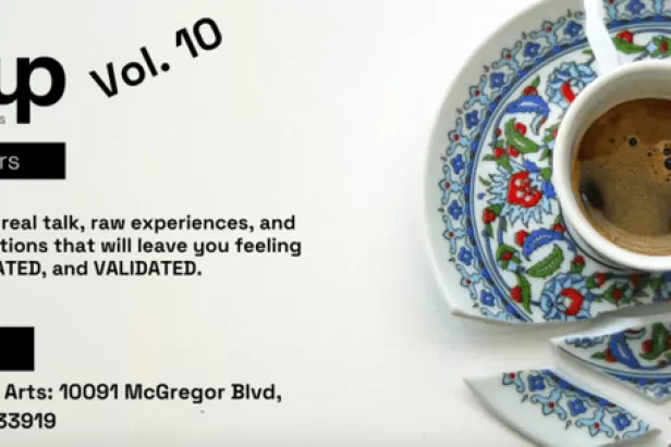 white background with a cup of tea on a broken plate and event title  and date in black font
